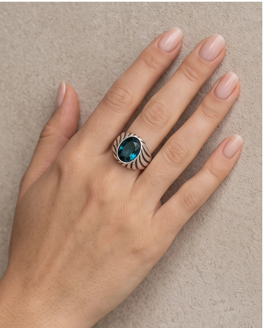 Teal Oval-Cut Gemstone Fluted Cable-Texture Silver Ring
