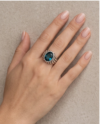 Teal Oval-Cut Gemstone Fluted Cable-Texture Silver Ring