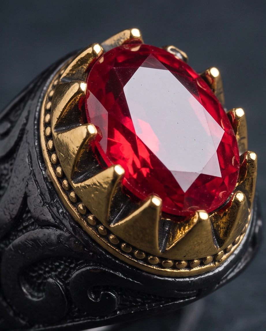 Celestial Crimson Sunburst Signet Ring