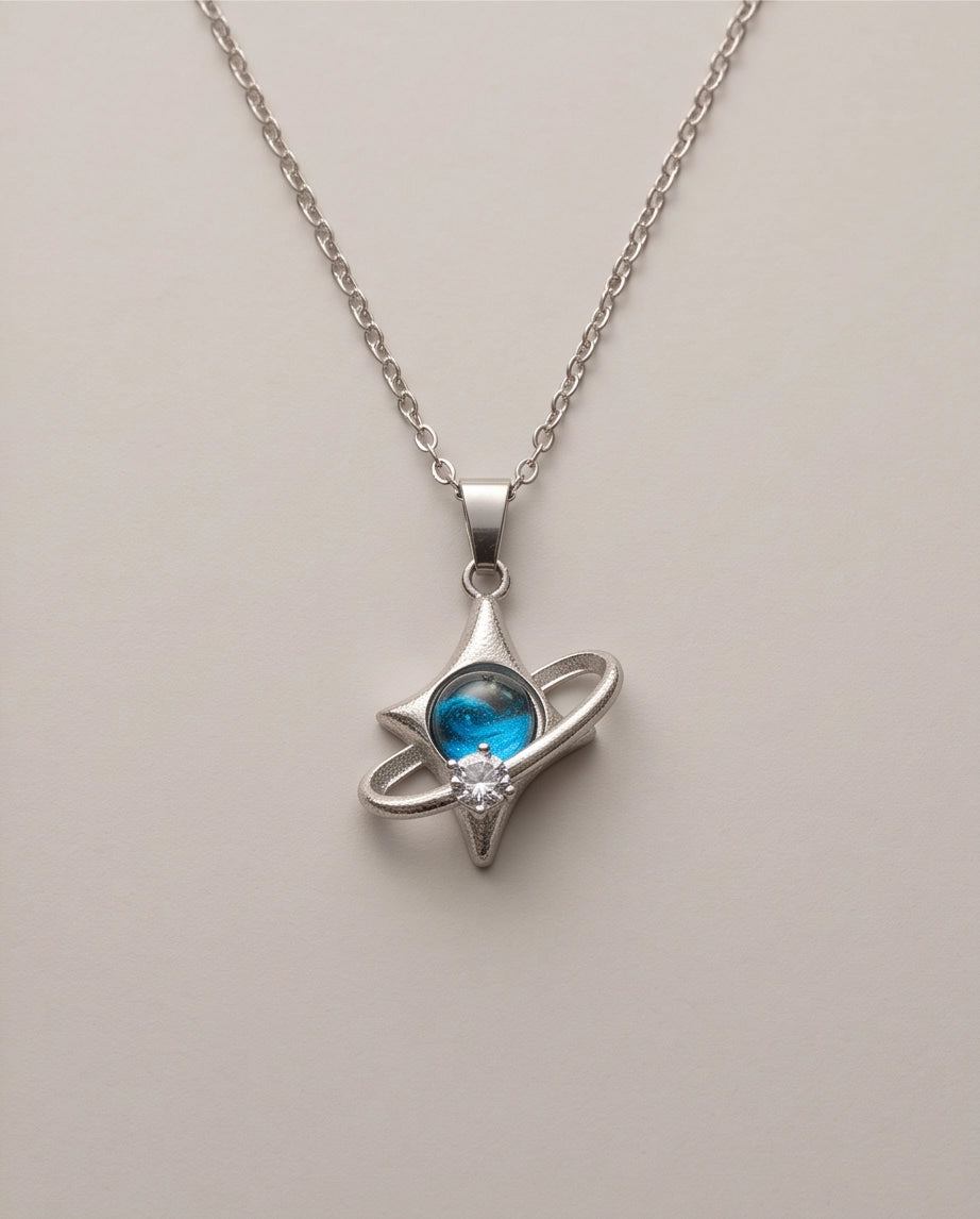 Silver Cosmic Four-Point Star Planet Ring Pendant Necklace