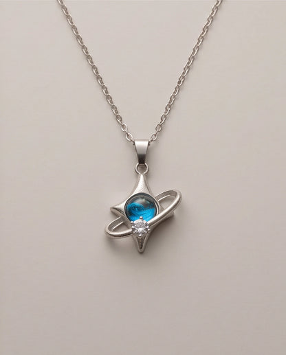 Silver Cosmic Four-Point Star Planet Ring Pendant Necklace