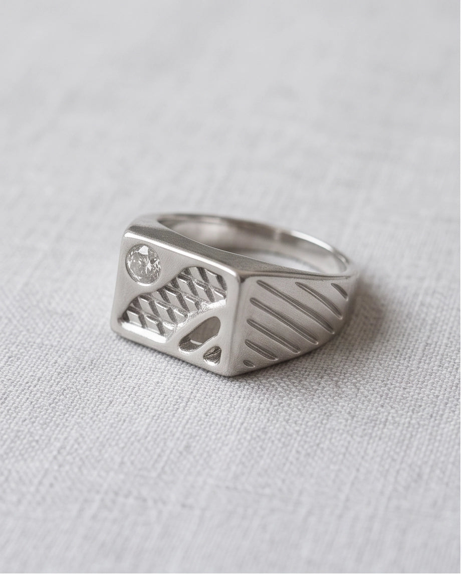 Abstract Textured Multi-Inlay Asymmetrical Signet Silver Ring