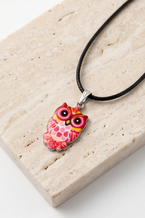 Vibrant Pink and Yellow Owl Totem Pendant Necklace