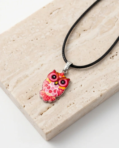 Vibrant Pink and Yellow Owl Totem Pendant Necklace