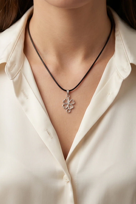 Silver Open Heart Four-Leaf Clover Necklace