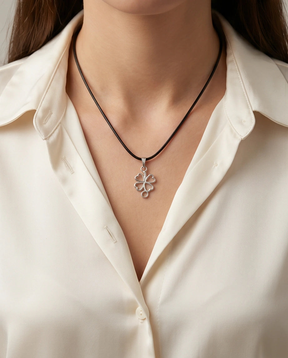 Silver Open Heart Four-Leaf Clover Necklace