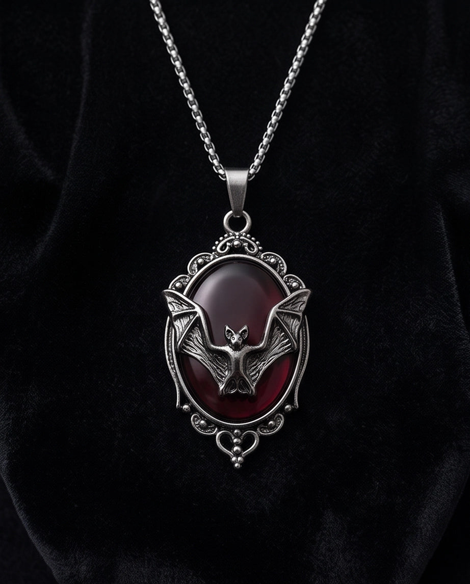 Antique Silver Gothic Bat Dark Red Enamel Medallion Chain Necklace