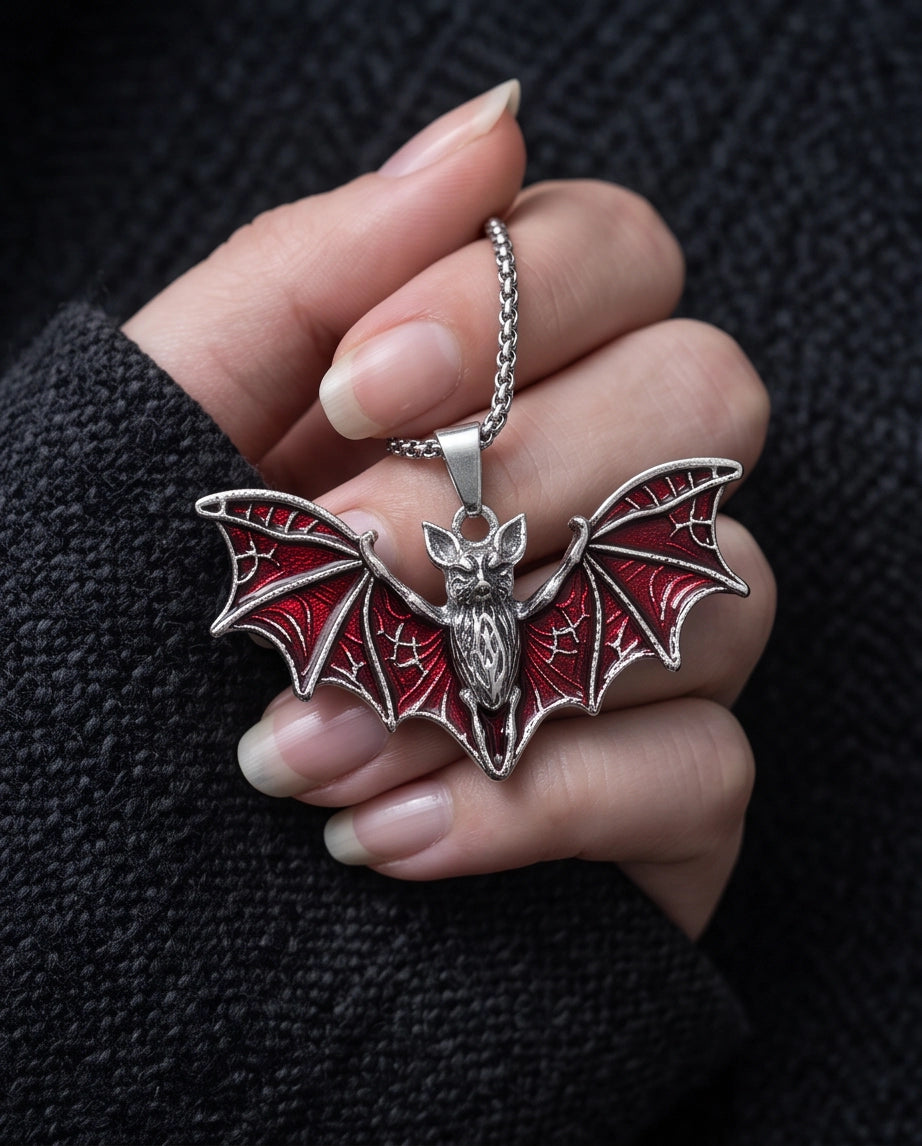 Silver Red Enamel Flying Bat Pendant Necklace