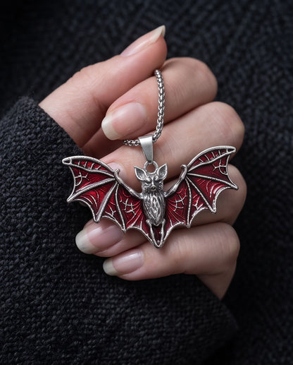 Silver Red Enamel Flying Bat Pendant Necklace