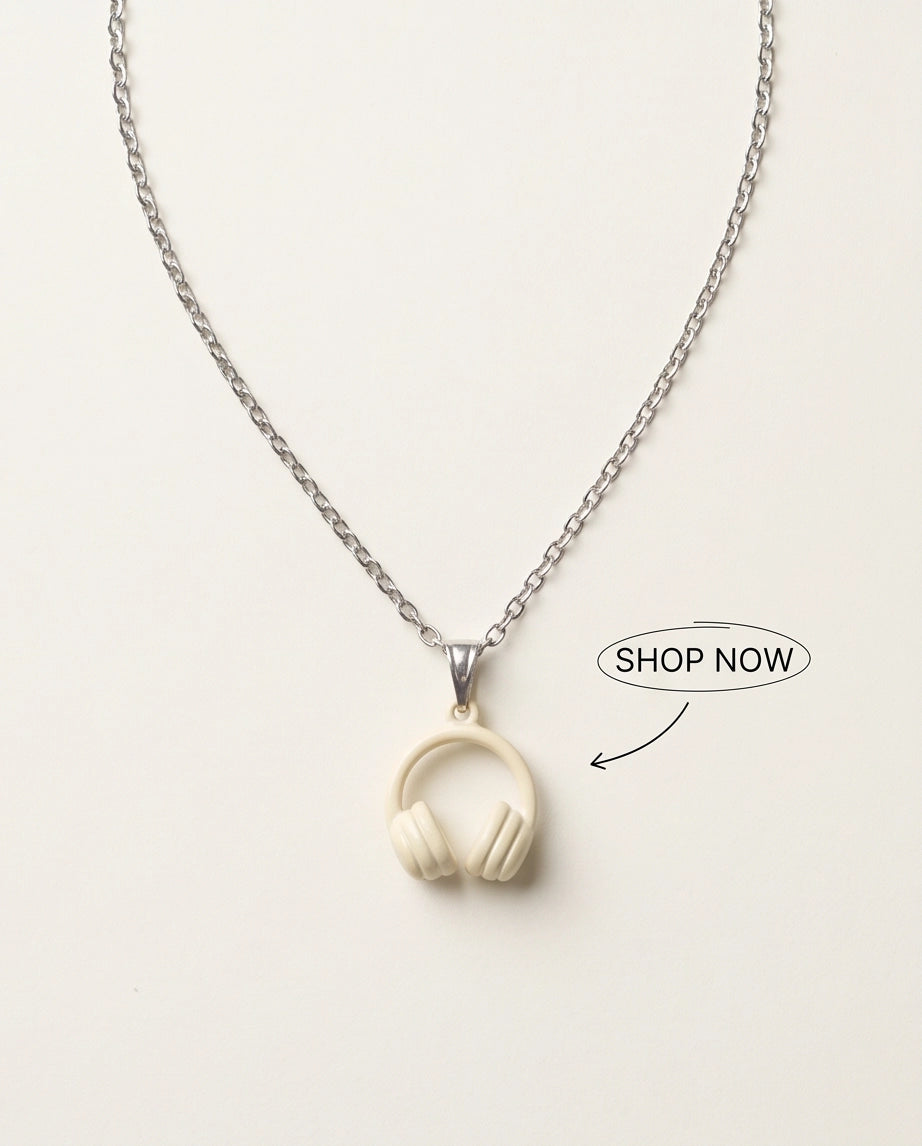 Cream White Headphones Enamel Pendant Necklace