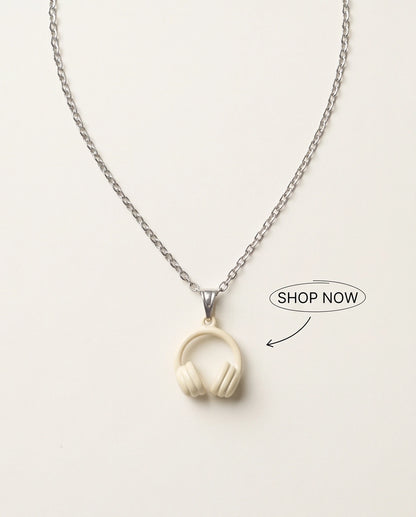 Cream White Headphones Enamel Pendant Necklace