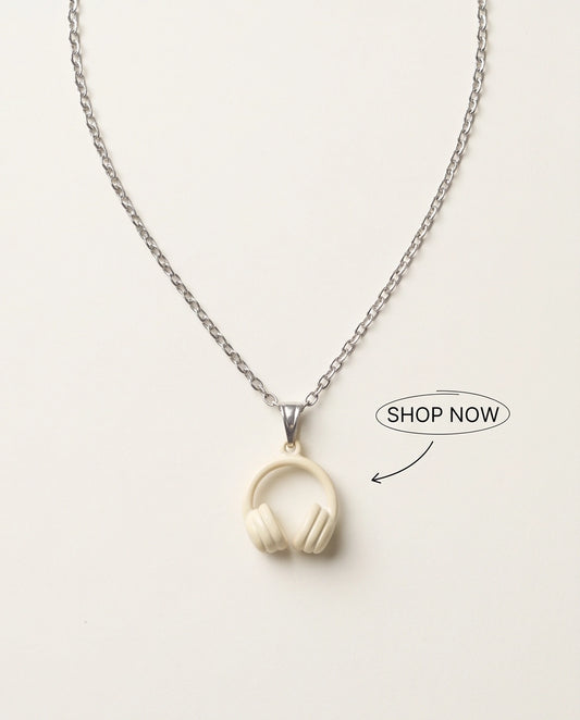 Cream White Headphones Enamel Pendant Necklace