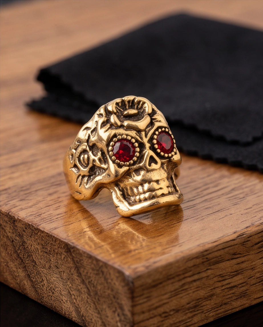 Ruby-Eyed Beaded Bezel Filigree Skull Gold Ring