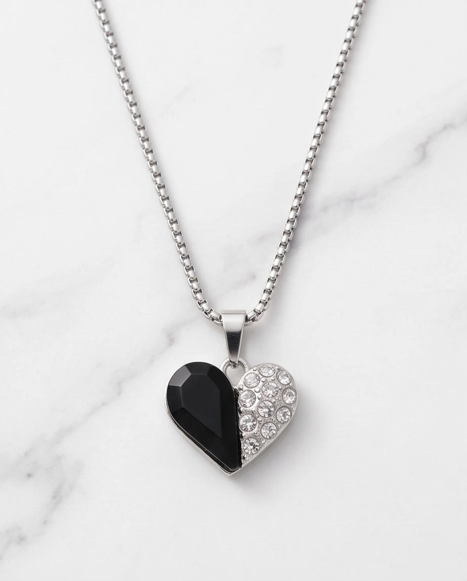 Silver Onyx Heart Pavé Pendant Necklace