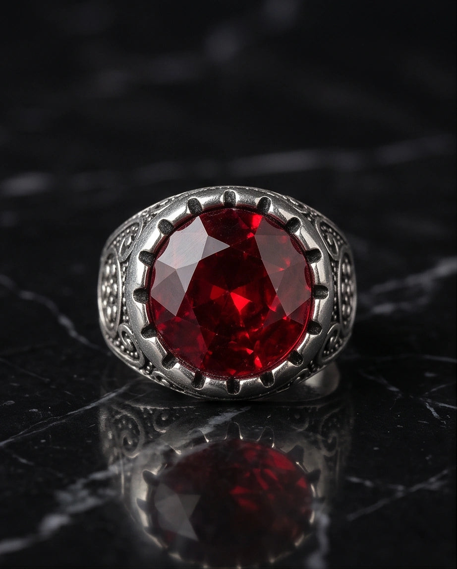 Crimson Monarch Silver Signet Ring