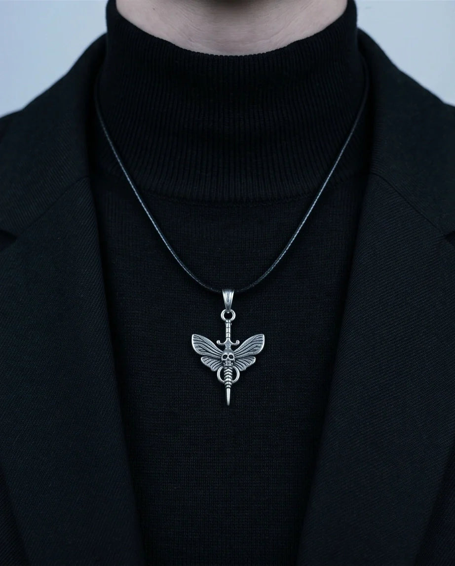 The Shadow Wing: Gothic Skull Moth Dagger Pendant Necklace