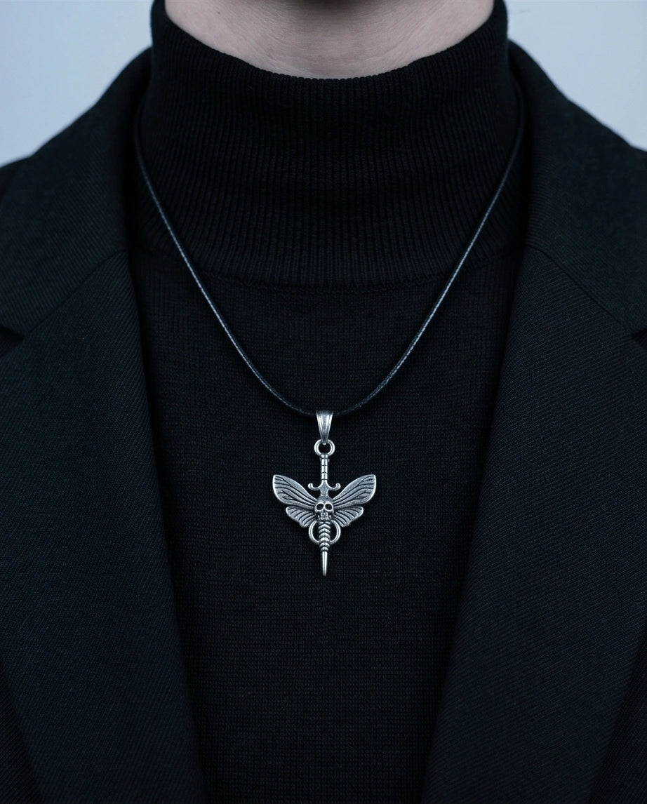 The Shadow Wing: Gothic Skull Moth Dagger Pendant Necklace