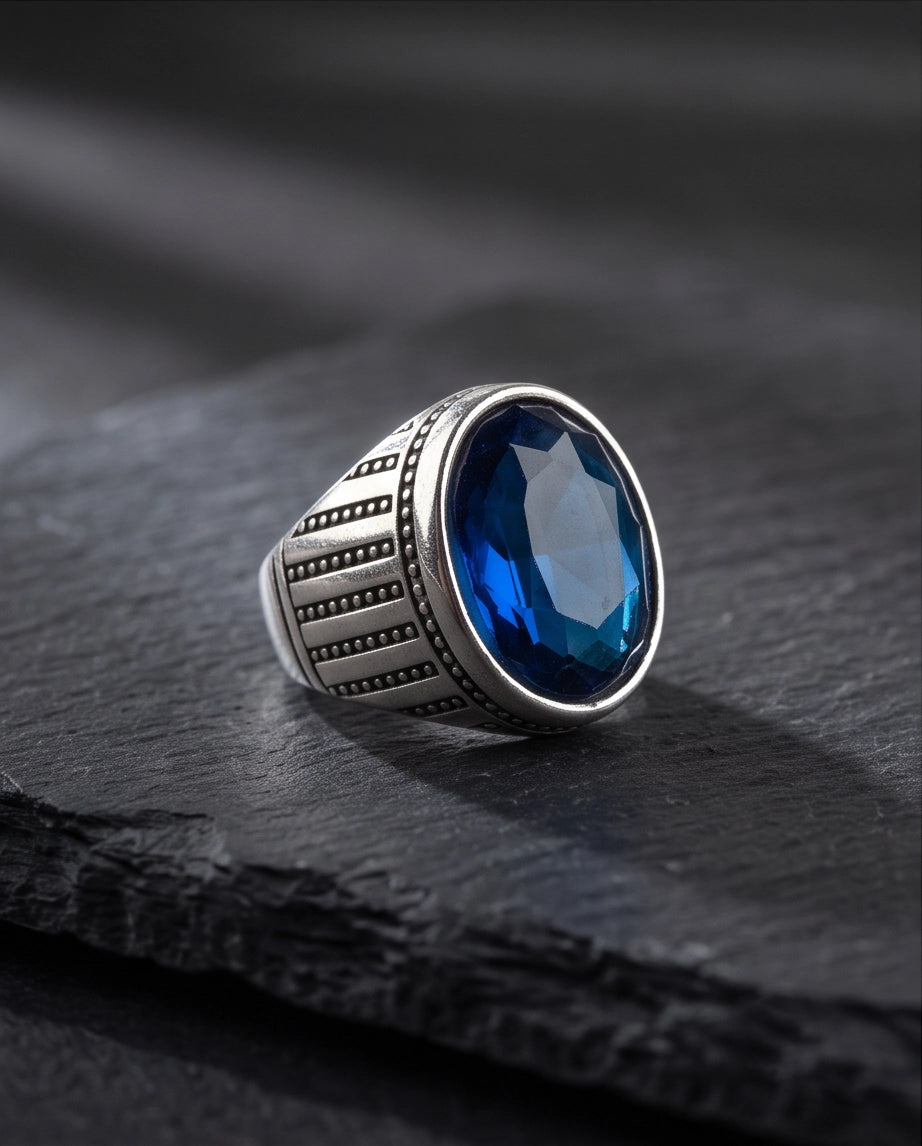 Sapphire Gemstone Beaded Surround Vertical Ribbed Silver Ring