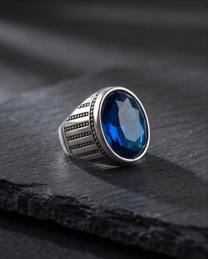 Sapphire Gemstone Beaded Surround Vertical Ribbed Silver Ring