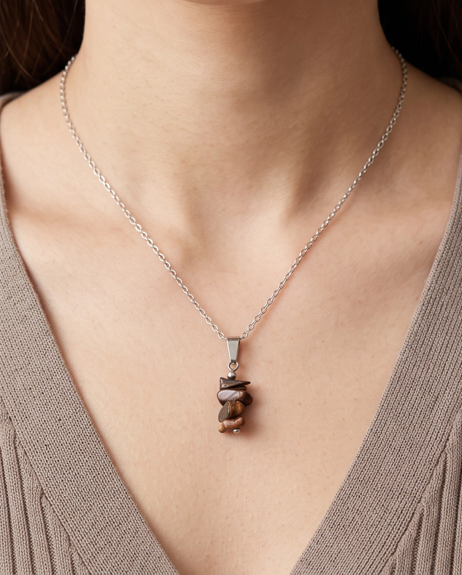 Silver Stacked Raw Tiger's Eye Chip Stone Pendant Necklace