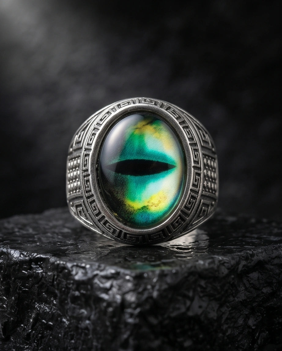 Vintage Sterling Silver Mythic Lime-Green Dragon's Eye Ring