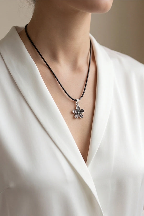 Silver Beaded Textured Flower Necklace