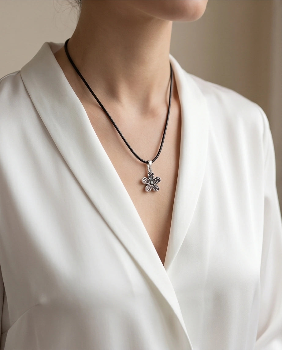 Silver Beaded Textured Flower Necklace