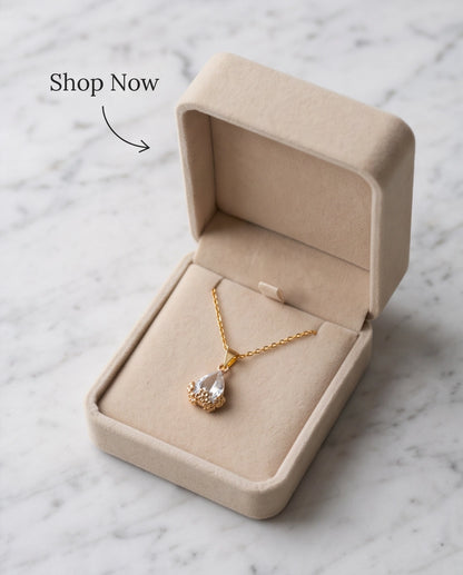 Gold Clear Teardrop Floral Basket Pendant Necklace
