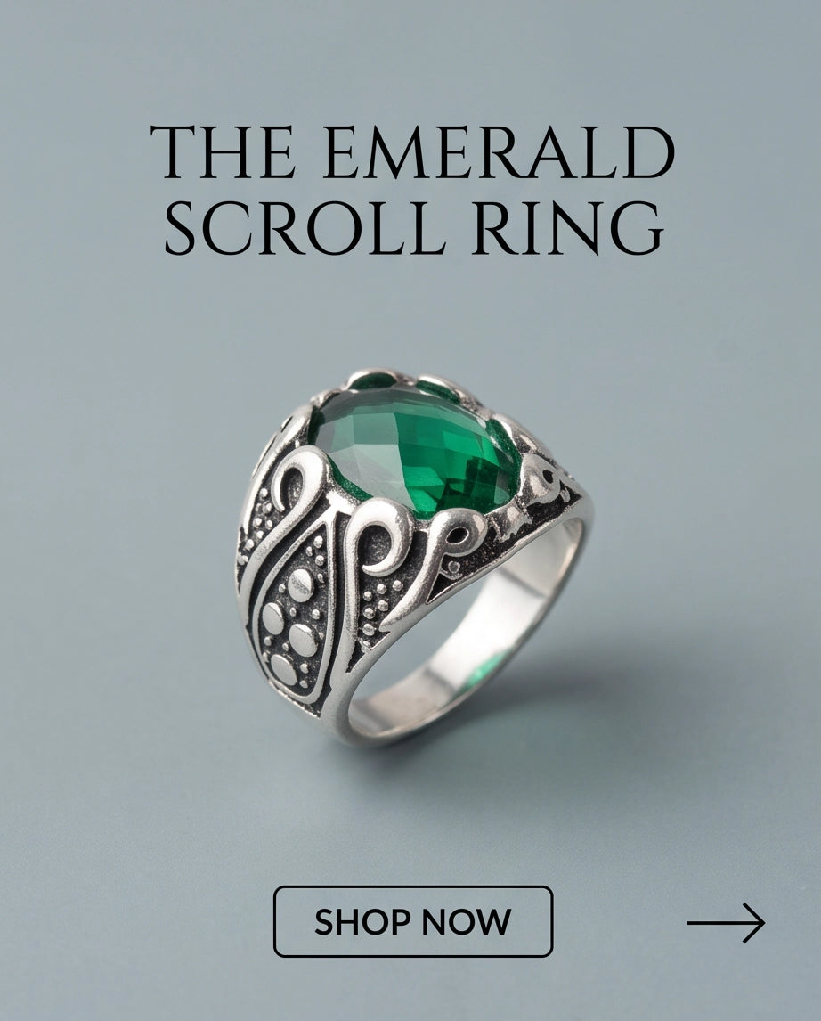 Emerald Gemstone Scalloped Crown Bezel Scroll Filigree Silver Ring