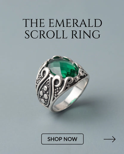 Emerald Gemstone Scalloped Crown Bezel Scroll Filigree Silver Ring