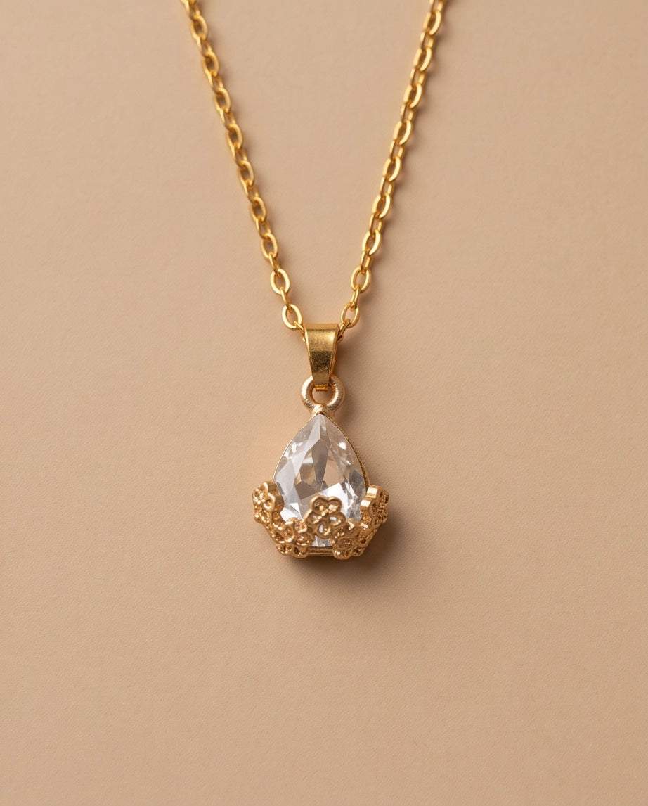 Gold Clear Teardrop Floral Basket Pendant Necklace