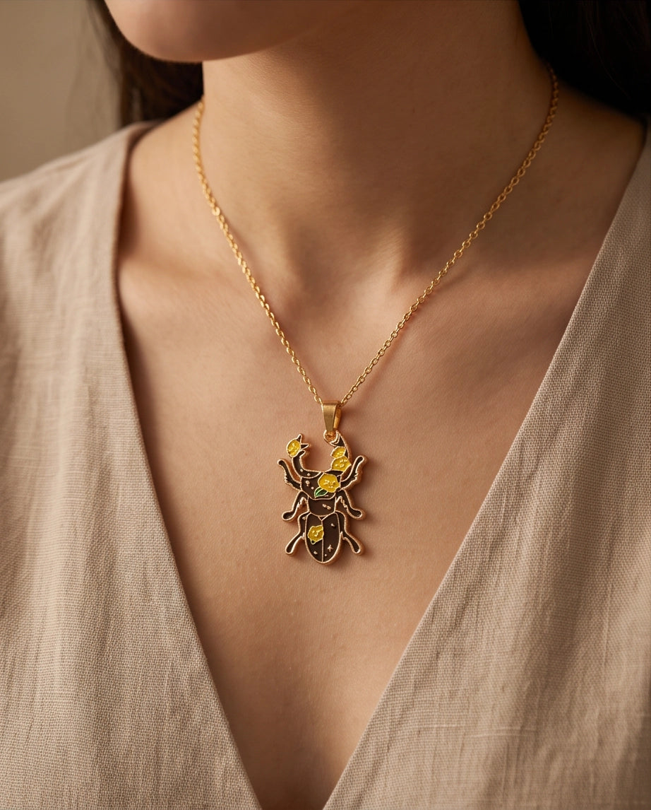Gold Floral Stag Beetle Enamel Chain Necklace