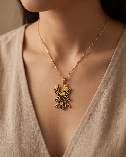 Gold Floral Stag Beetle Enamel Chain Necklace