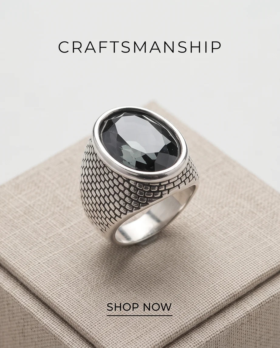 Onyx Gemstone Brickwork Mesh Silver Ring
