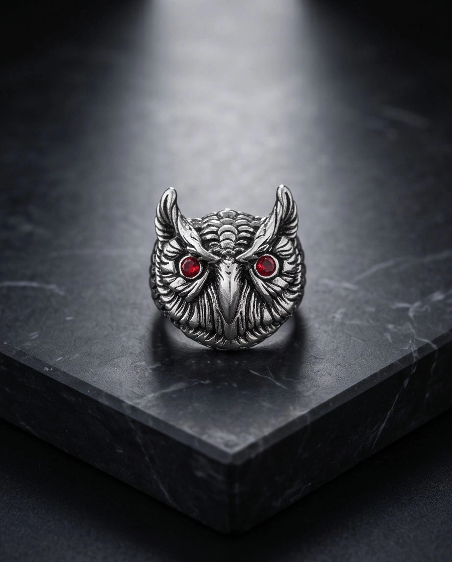 Red-Eyed Sculpted Owl Signet Ring