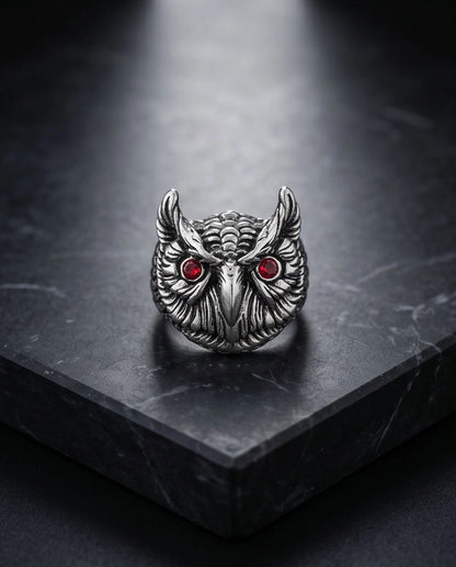 Red-Eyed Sculpted Owl Signet Ring