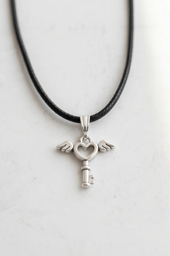 Silver Angel Wing Heart Key Necklace