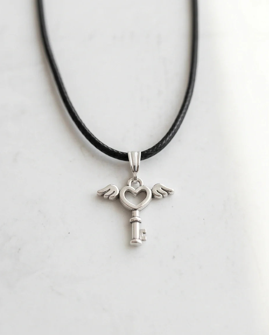 Silver Angel Wing Heart Key Necklace