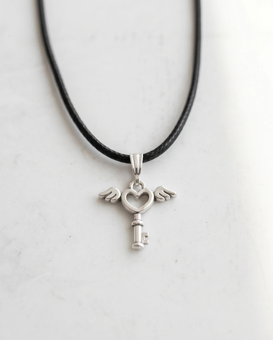 Silver Angel Wing Heart Key Necklace