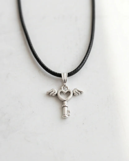 Silver Angel Wing Heart Key Necklace