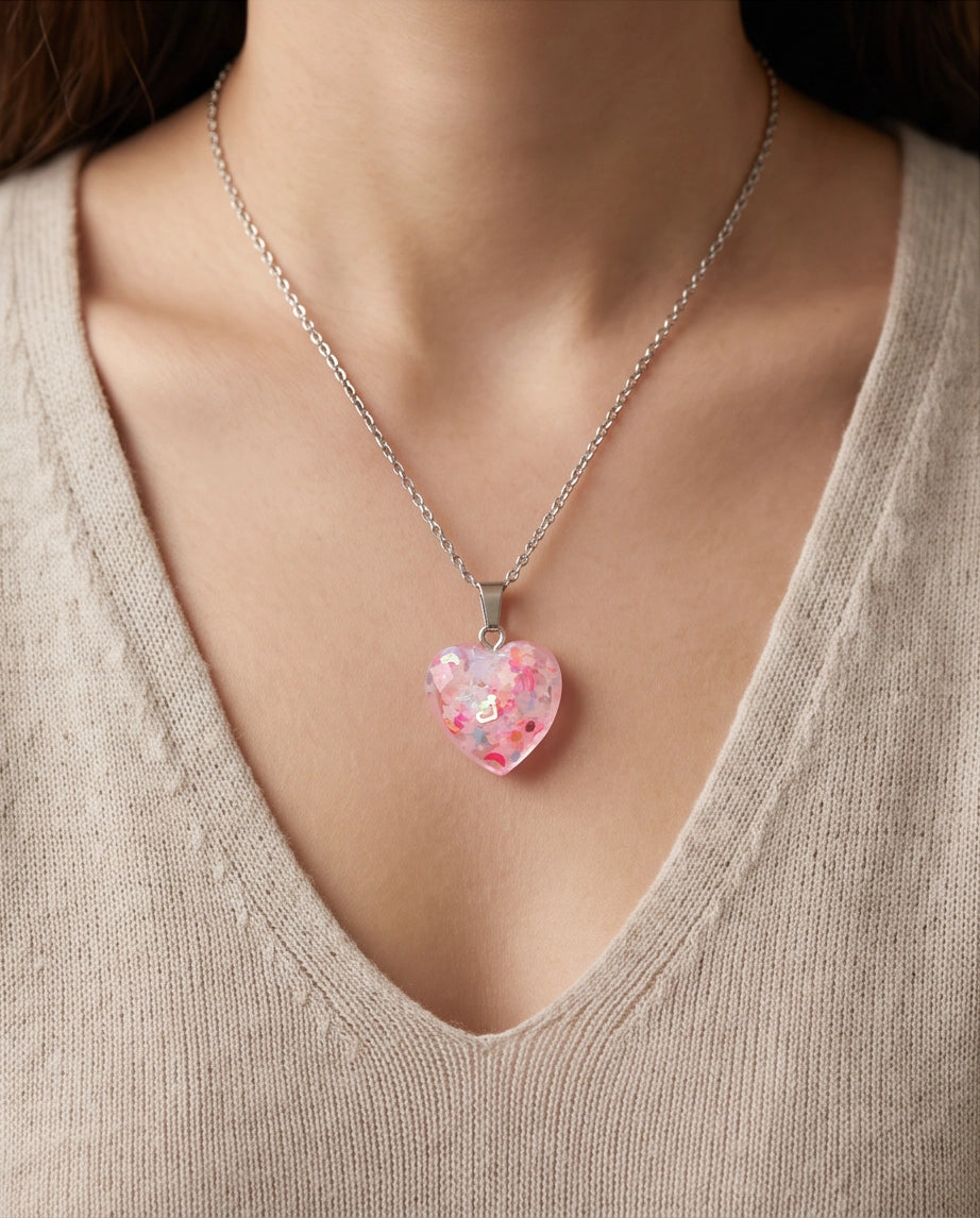 Silver Faceted Rose Pink Glitter Heart Resin Pendant Necklace