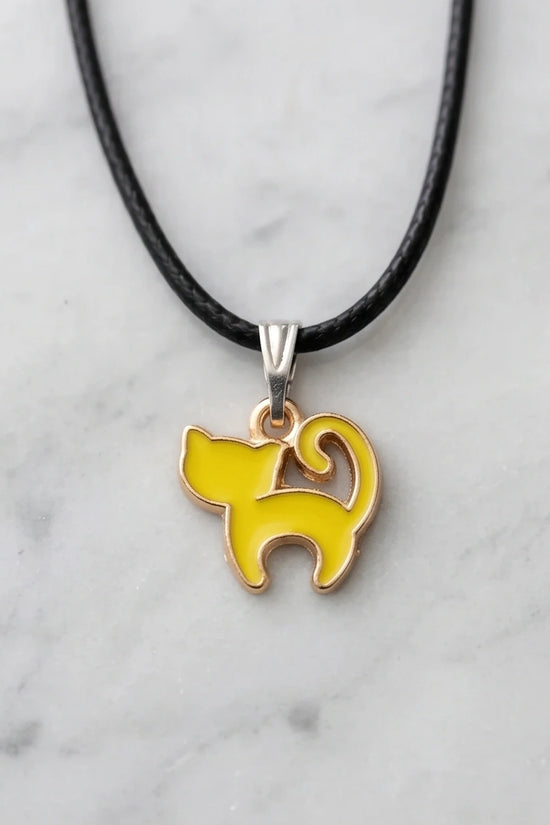 Playful Yellow Cat Enamel Pendant Necklace