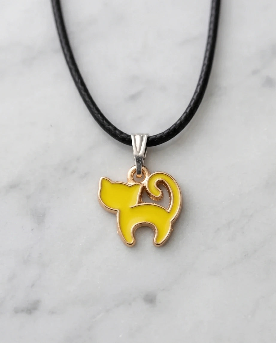 Playful Yellow Cat Enamel Pendant Necklace
