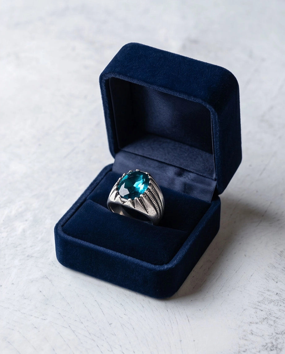 Oxidized Silver Oval Aqua Blue Claw Signet Ring
