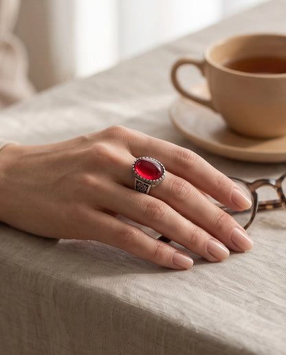 Ruby Cabochon Beaded Bezel Floral Silver Ring