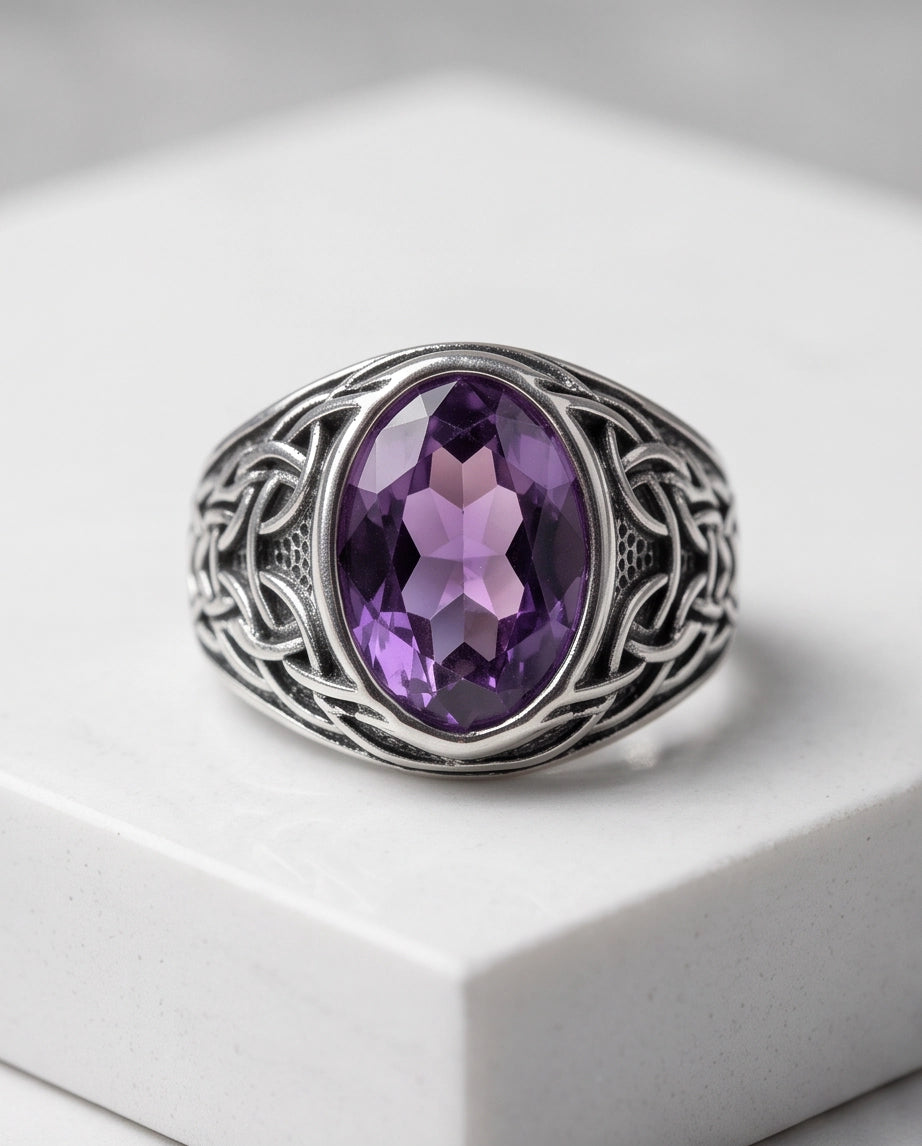 Amethyst Purple Oval-Cut Gemstone Celtic Knot Silver Ring