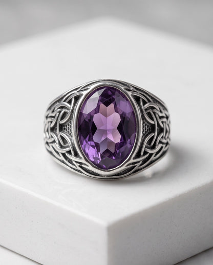Amethyst Purple Oval-Cut Gemstone Celtic Knot Silver Ring
