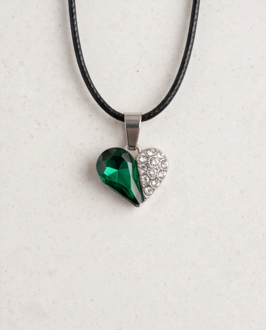 Silver Emerald Heart Pavé Pendant Necklace