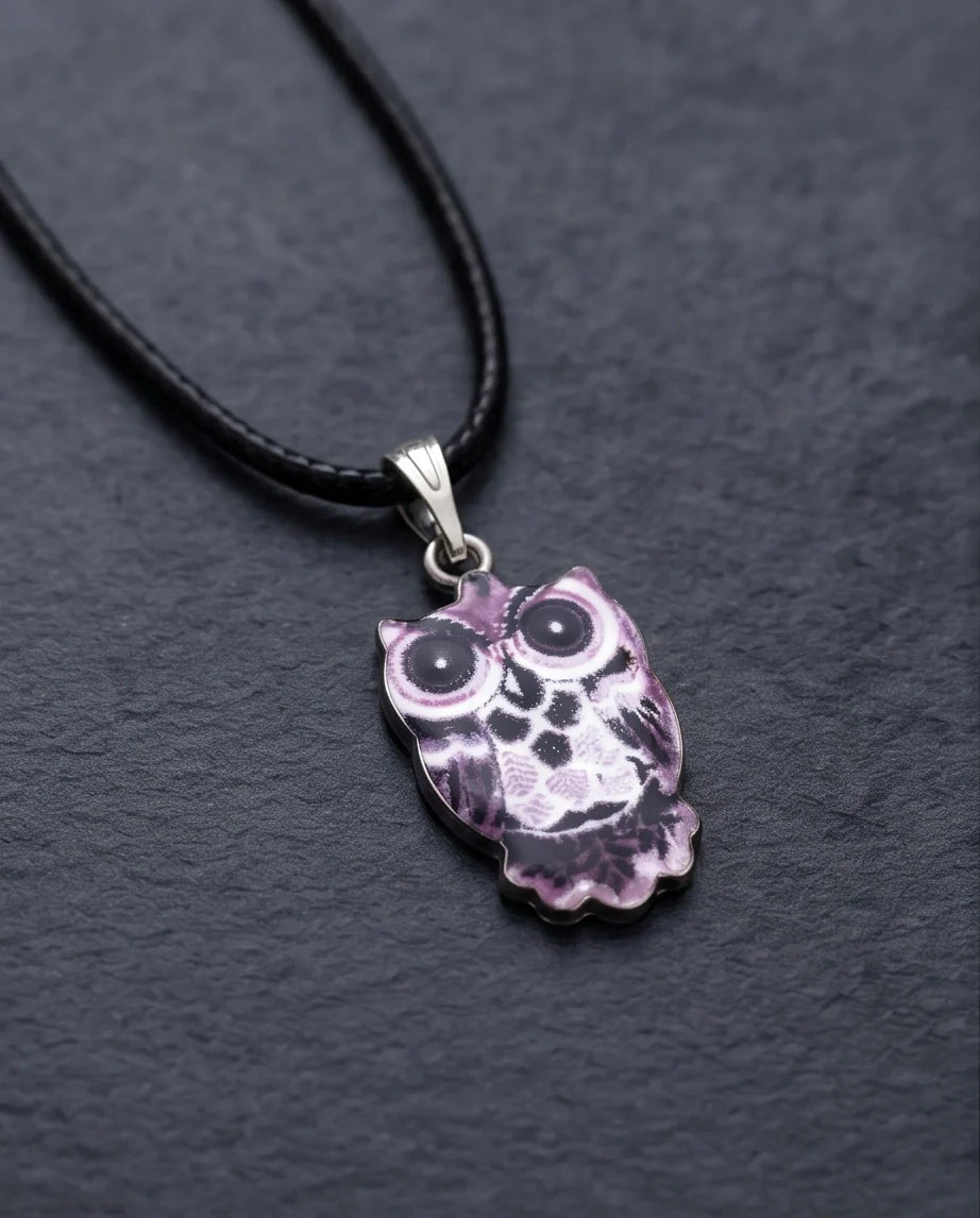 Mystical Purple Watercolor Owl Totem Pendant Necklace