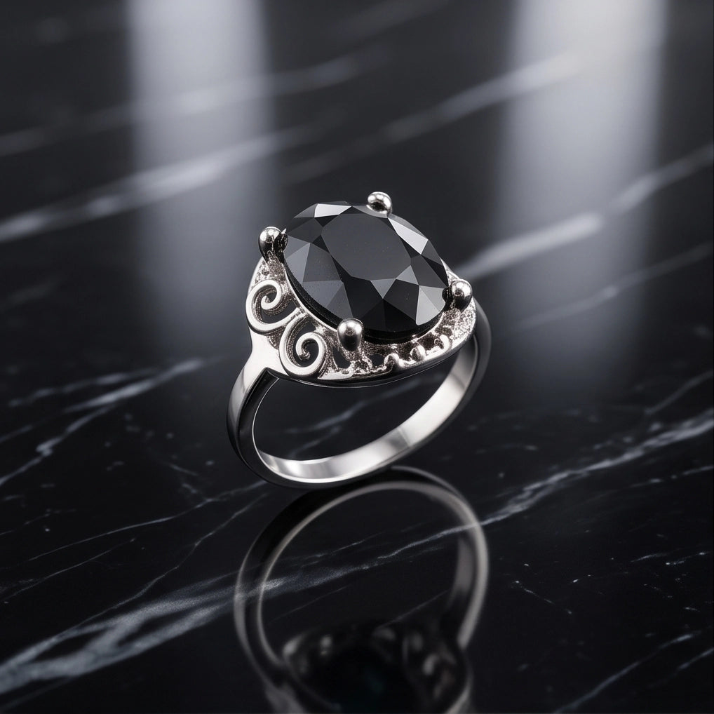Silver Oval Onyx Filigree Solitaire Ring